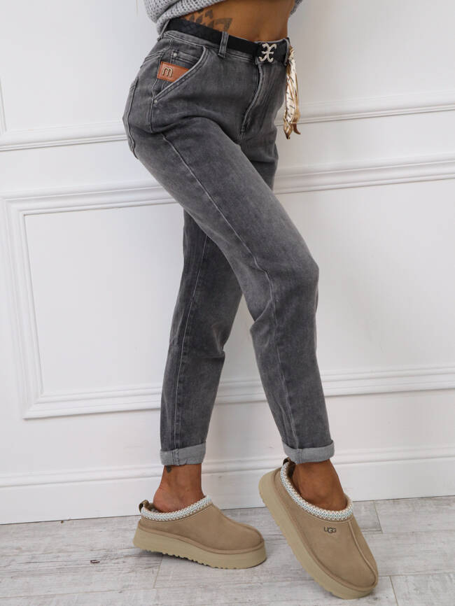 SZARE SPODNIE JEANSOWE MOM FIT+ PASEK ZE WSTĄŻKĄ