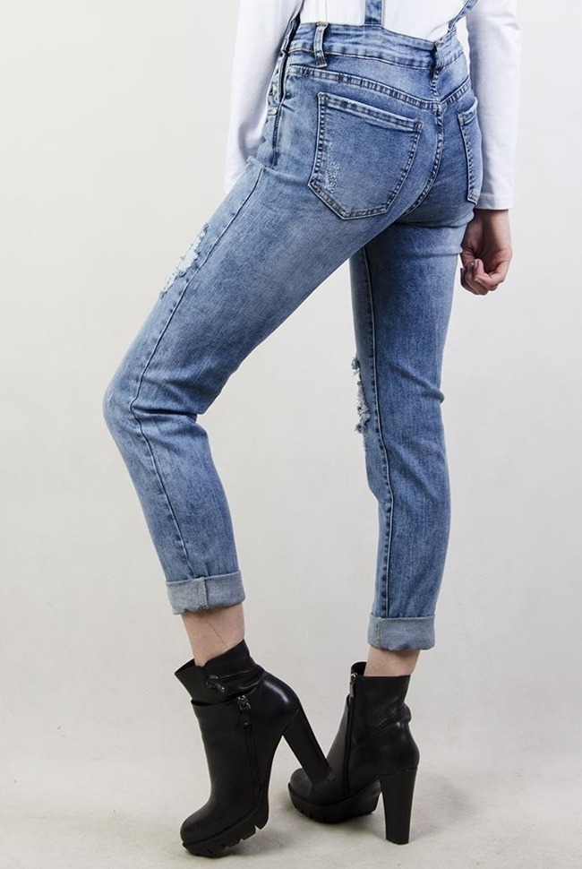 Spodnie jeansowe ogrodniczki, z przetarciami