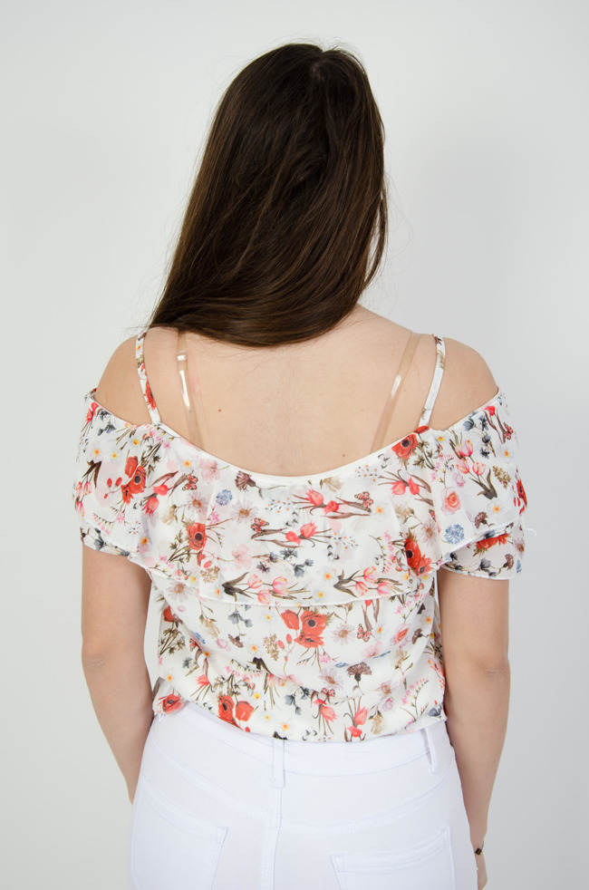 Szyfonowa bluzka hiszpanka z wzorem polnych kwiatów                                                                                                 