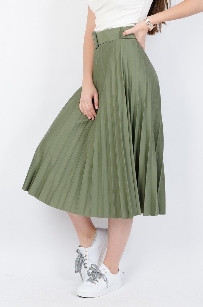 Zielona plisowana spódnica midi z paskiem