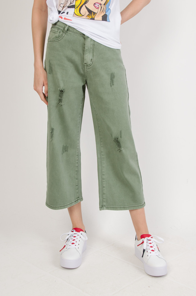 Zielone spodnie jeansowe z szeroką nogawką